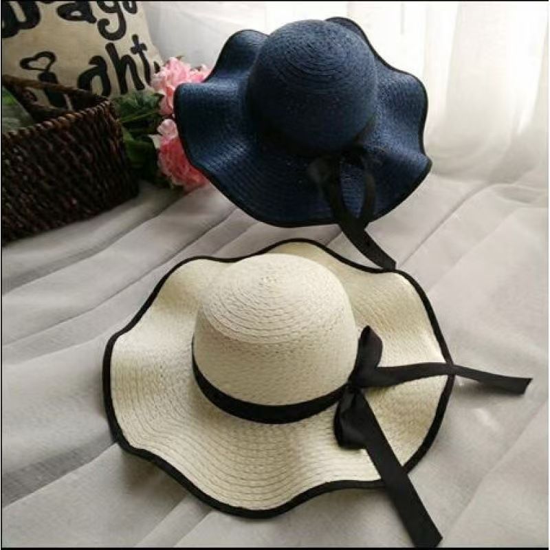 Korean Summer Women S Straw Sweet Bow Wave Big Edge Travel Beach Hat_viptrois.com