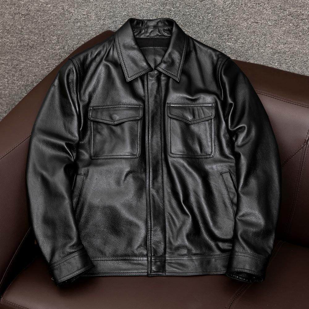 Men's Faux Leather Jacket With Cotton Lining, Relaxed Fit Double Breasted Bomber Coat For Casual Wear (Black/Brown, Thin/Thick Options)_viptrois.com