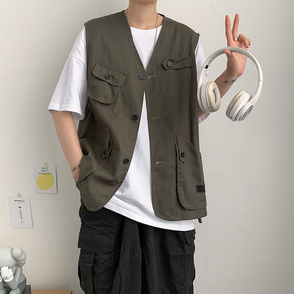 Cotton Summer New Trendy Brand Multi Pocket Workwear Jacket For Men, Loose And Versatile, Sleeveless Vest Top With_viptrois.com
