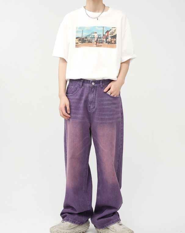 M T L C L O TH ES Men's Clothing | New Seasonal Style - Fashionable And Unique Straight Purple Wide-leg Denim Pants For Men_viptrois.com