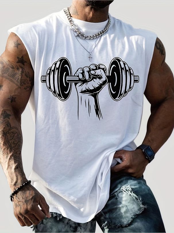100% Pure Cotton Men's Summer Casual Sports Fitness Loose Dumbbell Print Breathable Round Neck Sleeveless Vest_viptrois.com