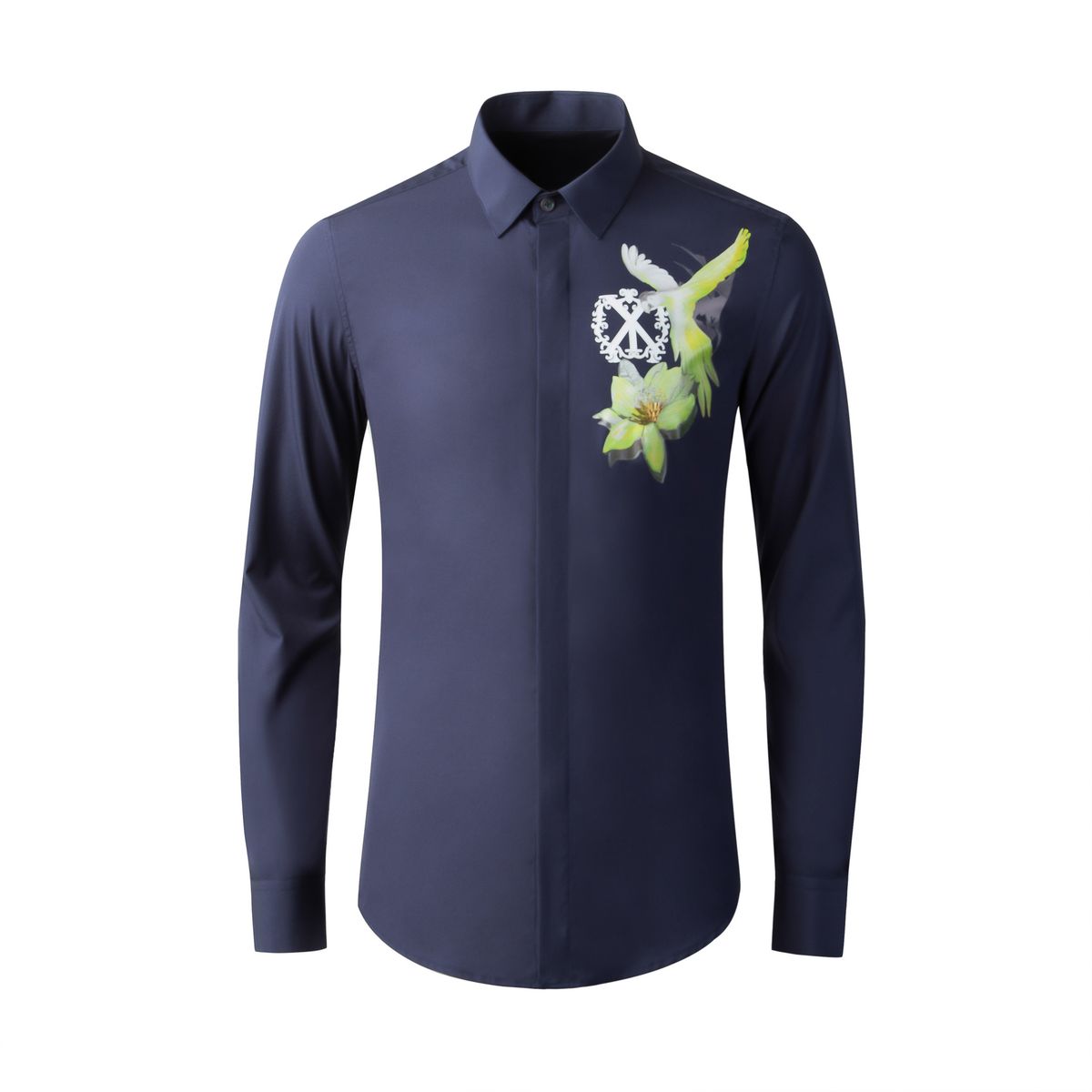 Men’s Slim-Fit Long-Sleeve Shirt With Handcrafted Beaded Bird & Floral Design – Breathable Cotton Blend, Wrinkle-Resistant (White/Black/Navy/Blue)_viptrois.com