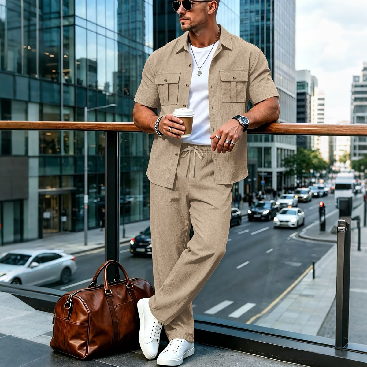 Men's Trendy Workwear Cotton Linen Shirt And Trousers Plus Size Chest Pocket Lapel Spring Summer Casual Suit_viptrois.com