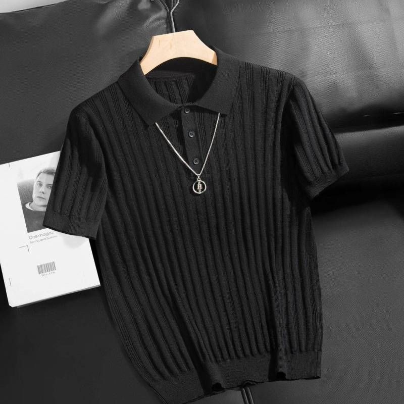 Men's Old Fashioned Business Commuting Knitted Polo Shirt Summer Short Sleeve Drapey And Breathable Mature Style T-Shirt_viptrois.com