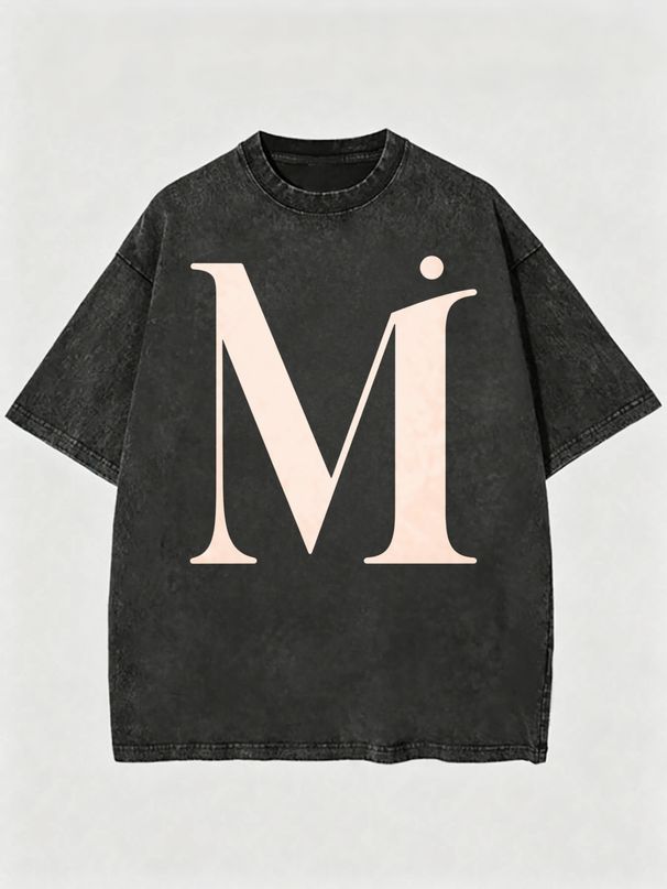 Vintage Washed Oversized Serif MI Letter Graphic 230g Cotton T-Shirt Men's Casual Streetwear Tee_viptrois.com