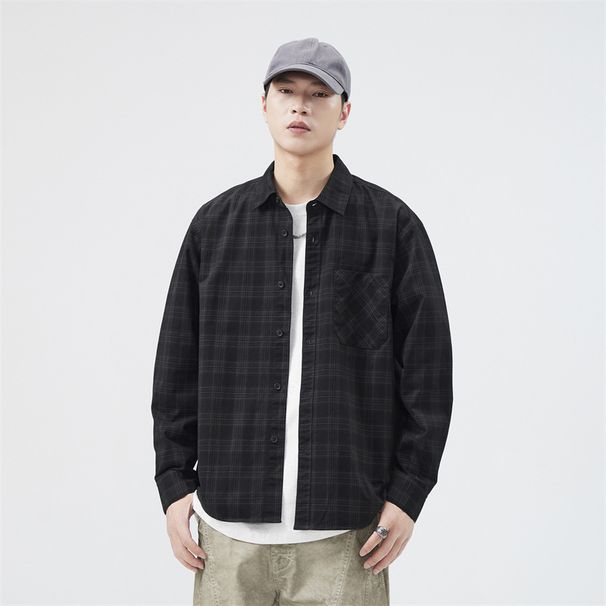 Nordmann Japanese Style Plaid Long Sleeve For Men Loose Fit Plus Size Autumn Casual Versatile Workwear Jacket Retro Shirt Coat_viptrois.com