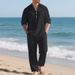 Men's Loose Casual V-Neck Henley Shirt Long Sleeve Breathable Linen Cotton Polyester Blend For Autumn In Black Gray Khaki_viptrois.com