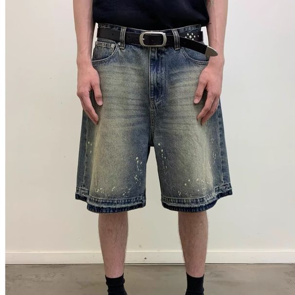 Men's Clothing Summer New Style Washed Retro Distressed Couple Men And Women Casual Five Point Jeans Cat Whisker Silhouette Trendy Loose_viptrois.com