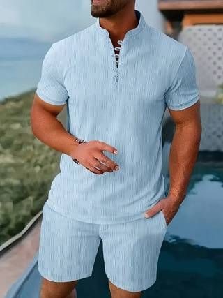 2025 New Men's Retro Jacquard Casual Henry Collar Short-sleeved Suit_viptrois.com