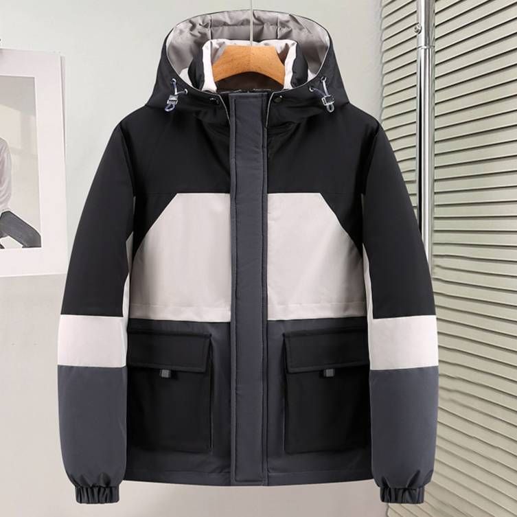 Men's Color-Block Hooded Winter Jacket – Korean Streetwear Style | Heavy Cotton Fill | 95% Polyester Shell | Slim Fit (L-4XL) In Grey/Red/Olive_viptrois.com