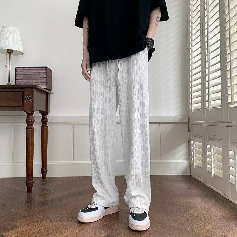 Men's Summer Ice Silk Pants Trendy Striped Plus Size Straight Leg Loose Floor Length Casual Long Pants_viptrois.com