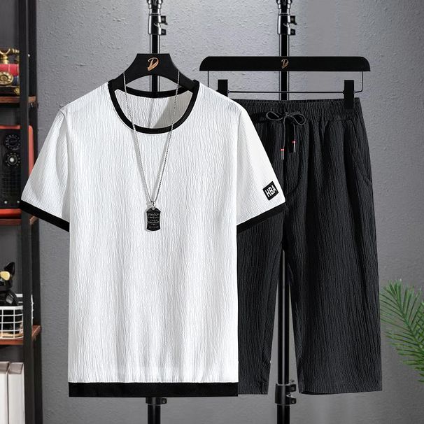 Men's Clothing Ice Silk Short Sleeve 7-Pants Set Breathable, Moisture-Wicking, Loose Fit Casual Sport Outfit (Black/White/Gray, Plus Size Available)_viptrois.com