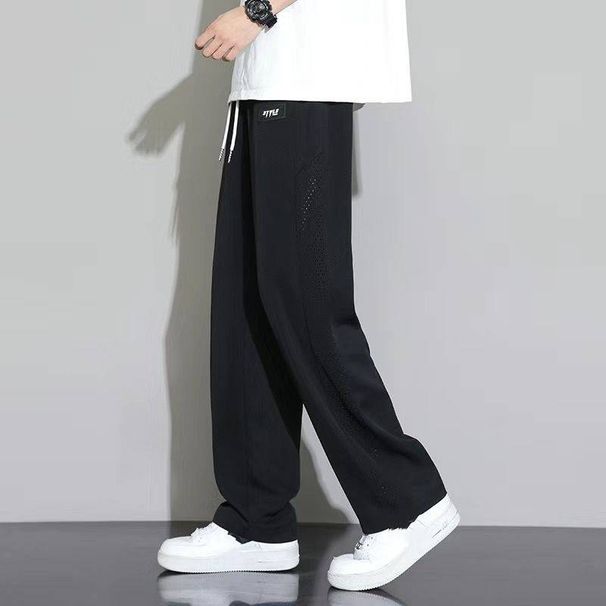 Mesh Ice Silk Pants, Men's Summer Thin, Breathable, Loose, Wide-leg Pants With A Good Drape, Summer Sporty, Patchwork Casual Long Pants_viptrois.com