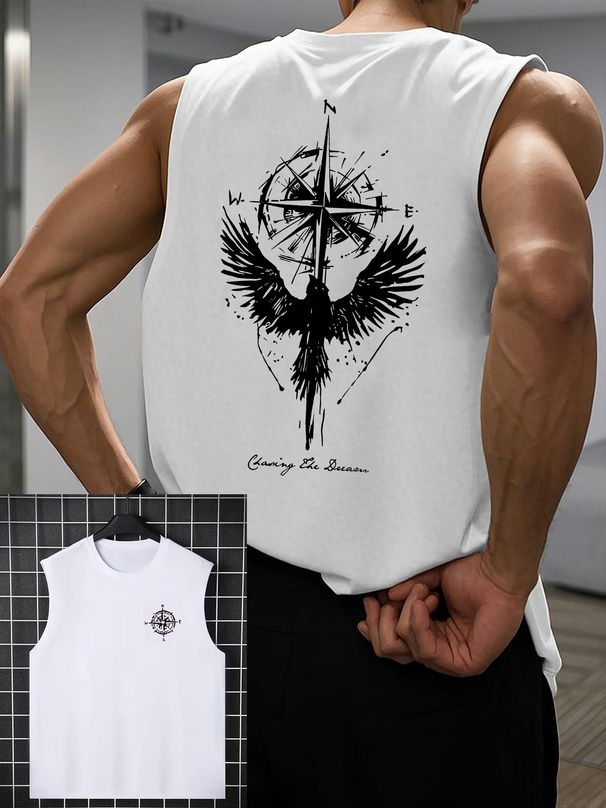 100% Pure Cotton Men's Summer Casual Sports Fitness Loose Compass And Flying Bird Pattern Printed Breathable Round Neck Sleeveless Vest_viptrois.com
