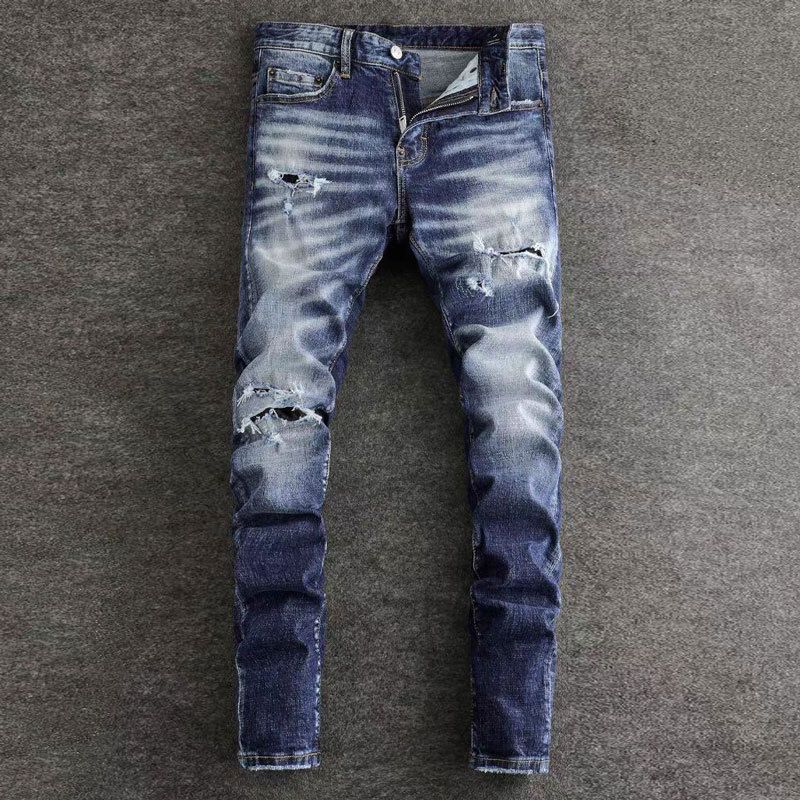 Men's Clothing Fashion Brand Men's Jeans Trendy Retro Blue Washed Ripped Patch Micro Elastic Slim Fit Skinny Pants Men_viptrois.com