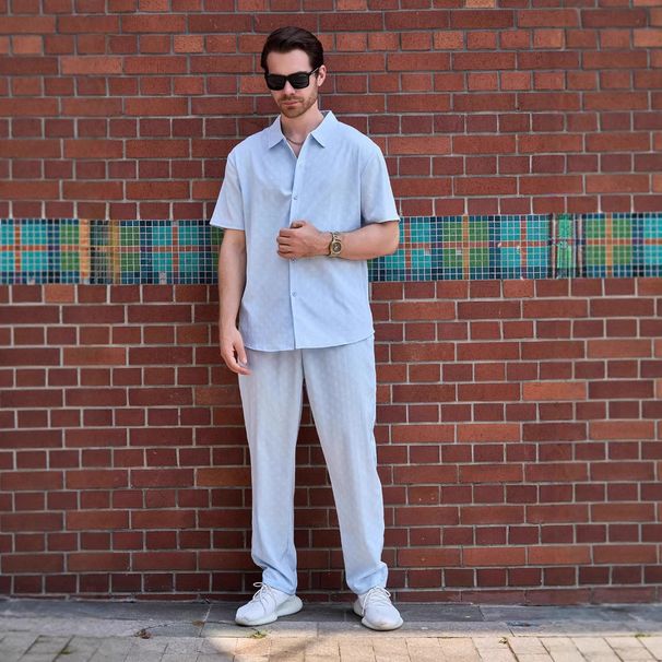 Men's Summer Short Sleeve Shirt & Pants Set - Lightweight Casual Polyester Blend With Floral Embroidery, Comfortable Outdoor Outfit_viptrois.com