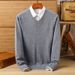 Men's Winter Fine-Knit V-Neck Sweater - Thick Wool Blend Pullover For Cold Weather (Classic Solid Color)_viptrois.com