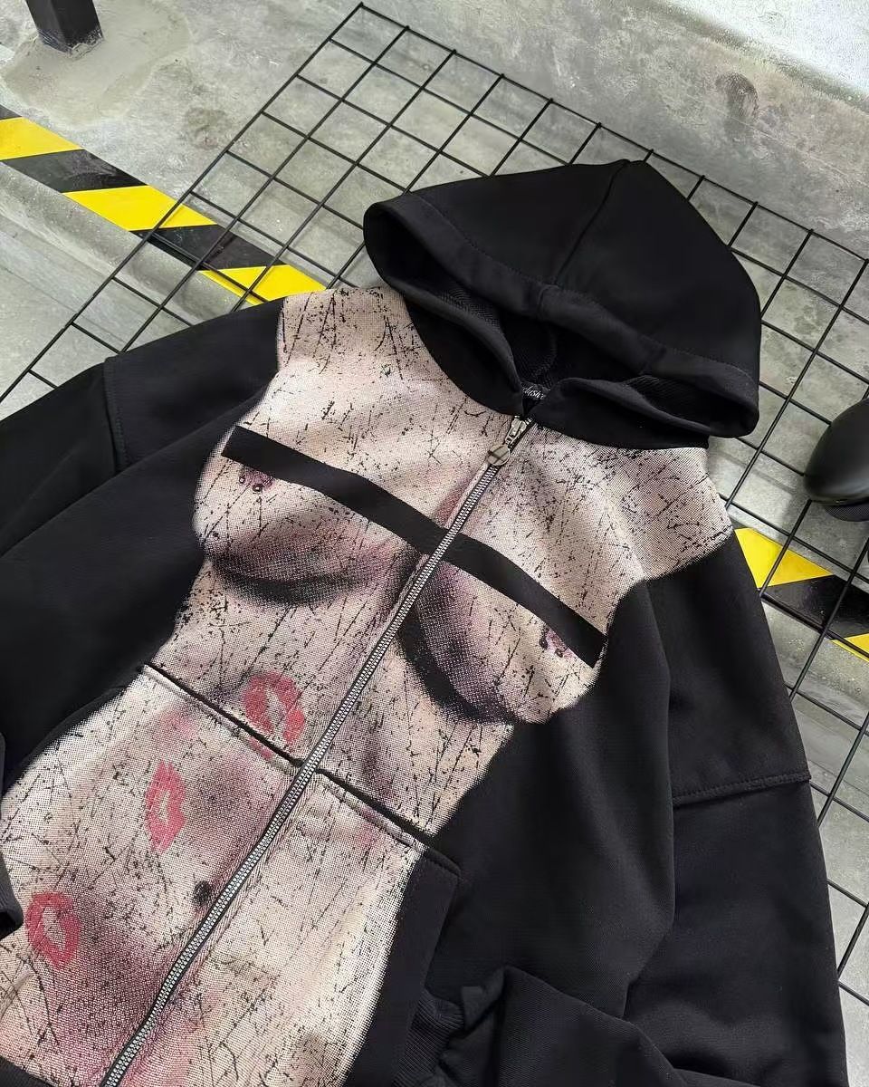 "Trendy Anime Print Hooded Zip-Up Sweatshirt For Women - Soft Cotton Blend Pullover With Long Sleeves & Stylish Graphic Design"_viptrois.com