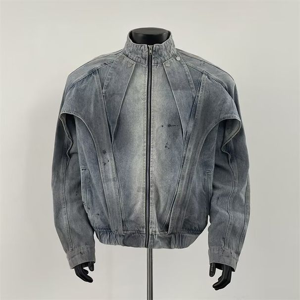 Wear And Tear Dirty Denim Jacket, Deconstruct Stand Up Collar Jacket, Loose Trendy Workwear Clothes_viptrois.com