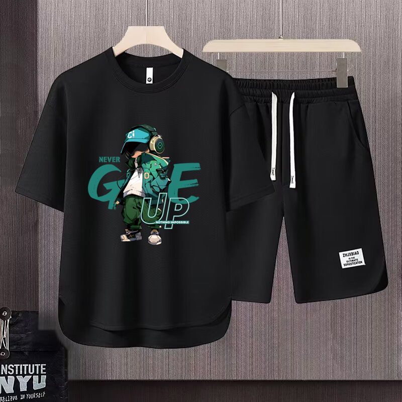 Men's Clothing 2024 Waffle Casual Summer Suit Men's Loose Teen Short sleeved T shirt Shorts Handsome Two piece Suit_viptrois.com
