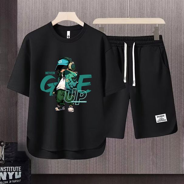Men's Clothing 2024 Waffle Casual Summer Suit Men's Loose Teen Short sleeved T shirt Shorts Handsome Two piece Suit_viptrois.com
