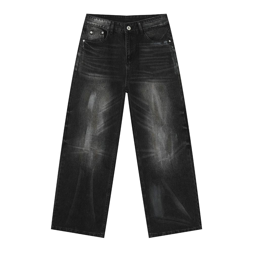 Men's Clothing Washed Vintage Distressed Whiskered Heavy Straight Wide Leg Casual Jeans_viptrois.com