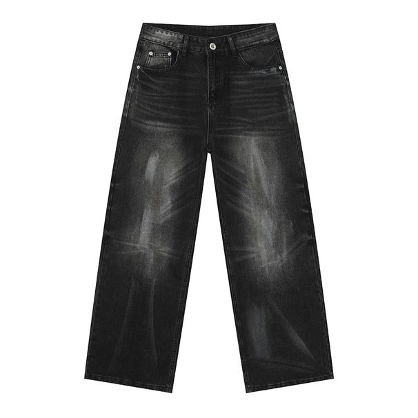 Men's Clothing Washed Vintage Distressed Whiskered Heavy Straight Wide Leg Casual Jeans_viptrois.com