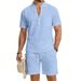 Men's Linen Blend Short Sleeve Henley And Shorts Set - Breathable Workwear Style Summer Outfit, Relaxed Fit Casual Two-Piece_viptrois.com