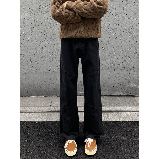 American-style High Street Men's Jeans, Autumn Trendy Patchwork Micro-flared Work Pants, Vintage Versatile Solid Color_viptrois.com