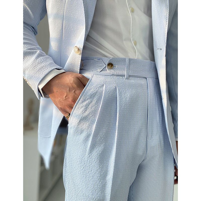 Seersucker High Waisted Neapolitan Style Men's Trousers Summer Straight Leg Casual Long Pants Relaxed Elegant British Fashion_viptrois.com