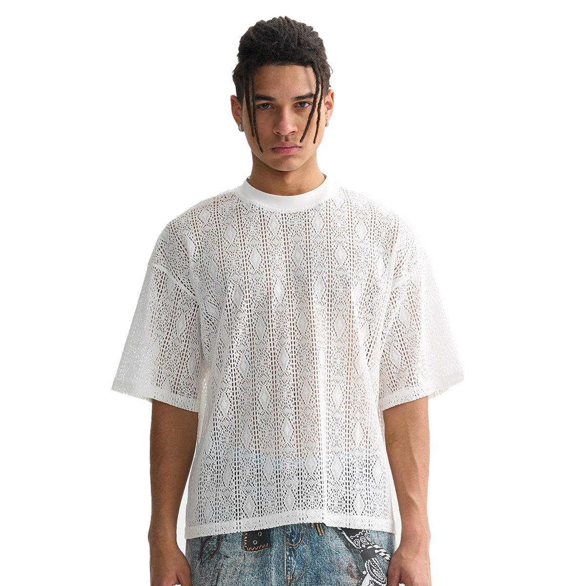 Men's Clothing Trendy New Men's Lace Mesh Short Sleeved Loose Casual Perspective Men's Round Neck T Shirt_viptrois.com