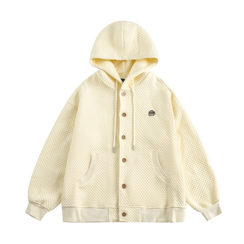 Buttoned Cardigan Hooded Sweatshirt Men's Spring And Autumn Style Trendy Brand Solid Color Woven Texture Loose Fit_viptrois.com