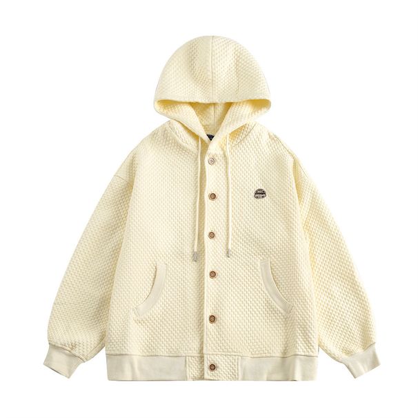 Buttoned Cardigan Hooded Sweatshirt Men's Spring And Autumn Style Trendy Brand Solid Color Woven Texture Loose Fit_viptrois.com