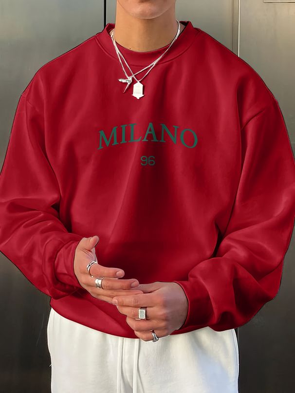 Men's Casual, Loose, Simple And Fashionable MILANO 96 Letter Print Round Neck Long Sleeved Sportswear For Autumn And Winter_viptrois.com