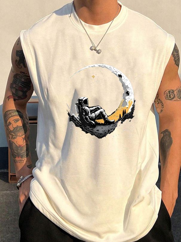 100% Pure Cotton Men's Summer Casual Sports Fitness Loose Fit Astronaut Landing Moon Pattern Printed Breathable Round Neck Sleeveless Vest_viptrois.com