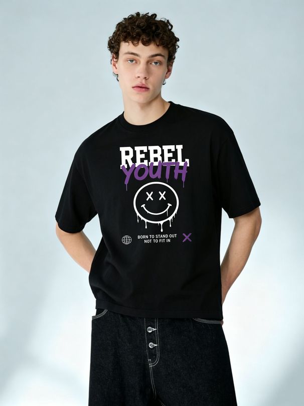Rebel Youth Drip Smiley Graphic Cotton T-Shirt Men's Streetwear Casual Tee_viptrois.com