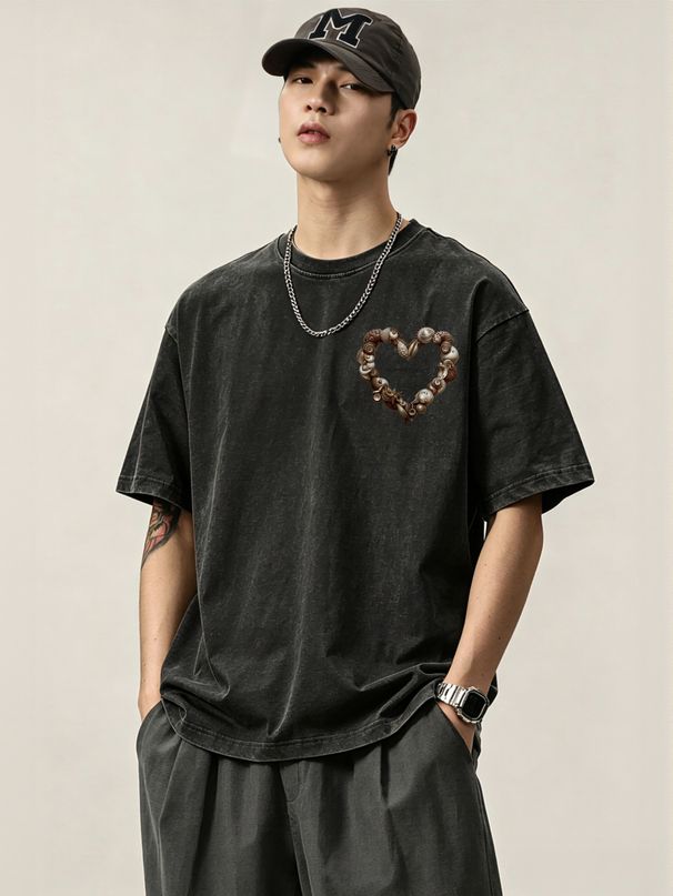230g Washed Men Crew Neck Tee Conch Shell Heart Shaped Graphic Print Short Sleeve Casual Streetwear Summer Top_viptrois.com