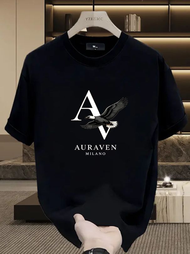 Men's 100% Cotton AURAVEN MILANO Eagle Letter Print T-shirt Summer Casual Round Neck Regular Fit Vintage European Streetwear Short Sleeve Graphic Tee_viptrois.com