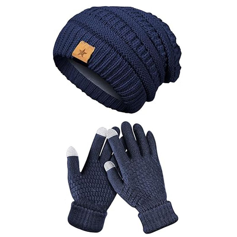 hot selling winter fashion knitted wool hat for women warm hat gloves two piece set thickened plus velvet cold hat_viptrois.com