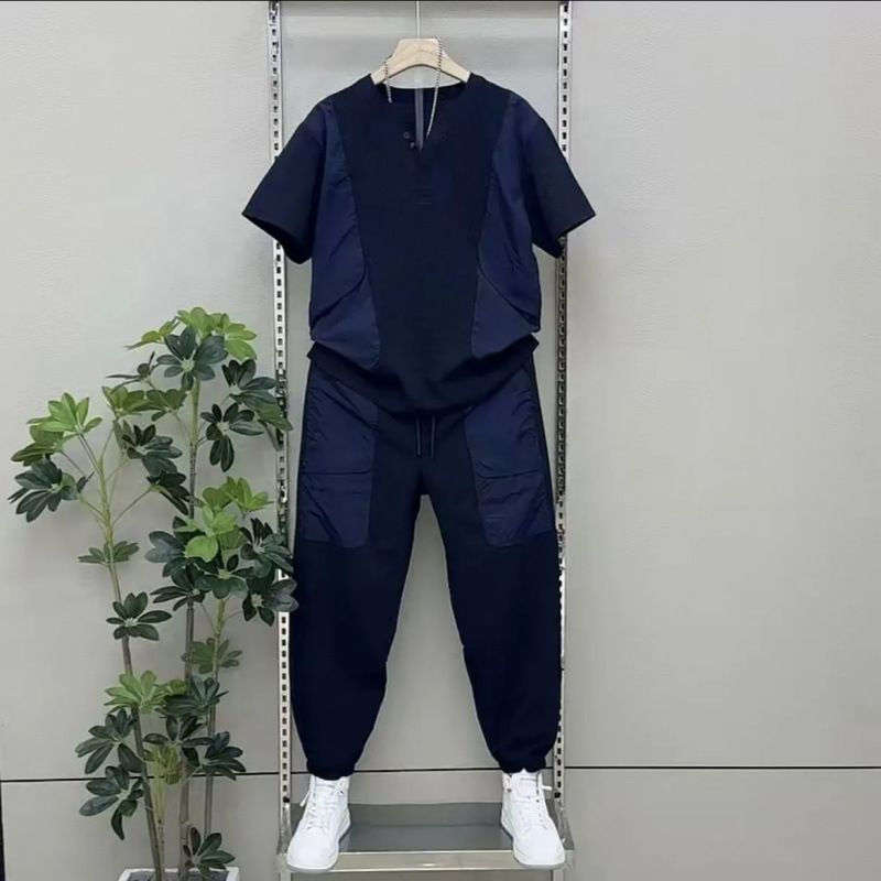 Men's Clothing Casual Two-Piece Set Short Sleeve Top Workwear Pants, Unisex Matching Outfit For Outdoor Daily Wear (Available In Brown & Black)_viptrois.com