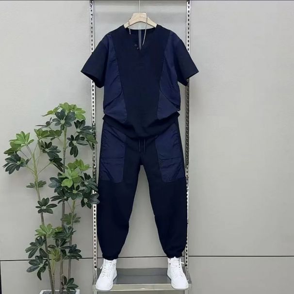 Men's Clothing Casual Two-Piece Set Short Sleeve Top Workwear Pants, Unisex Matching Outfit For Outdoor Daily Wear (Available In Brown & Black)_viptrois.com