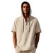 Men's Summer Simple Loose Casual Trendy Linen Button Beach Hooded Henley Short Sleeve Shirt_viptrois.com