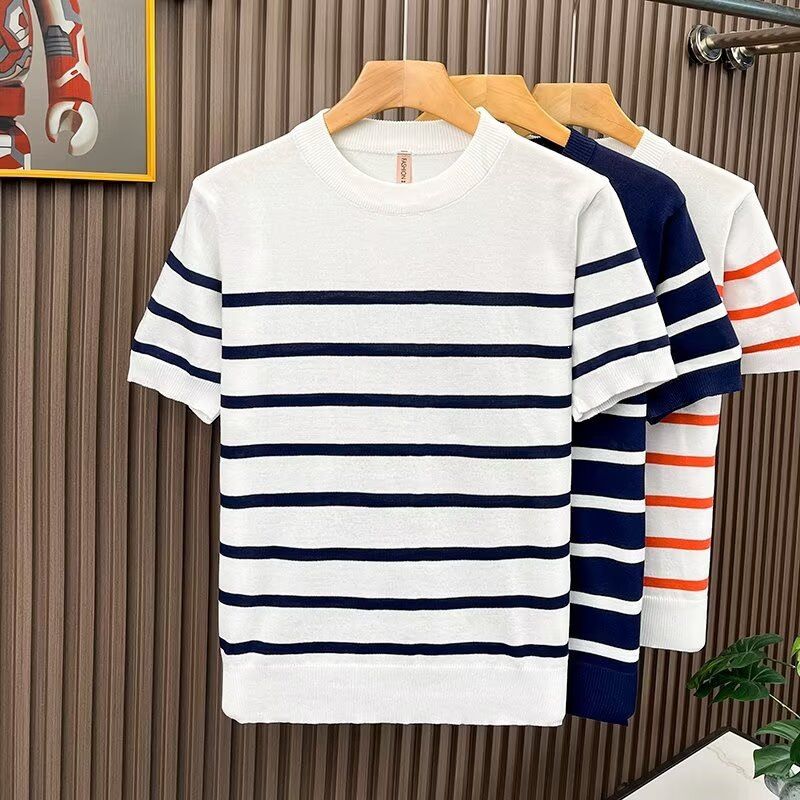 Men's Clothing Men's Striped Patchwork Round Neck Casual Sweater Summer Top Cool Sophisticated Style For Formal & Casual_viptrois.com