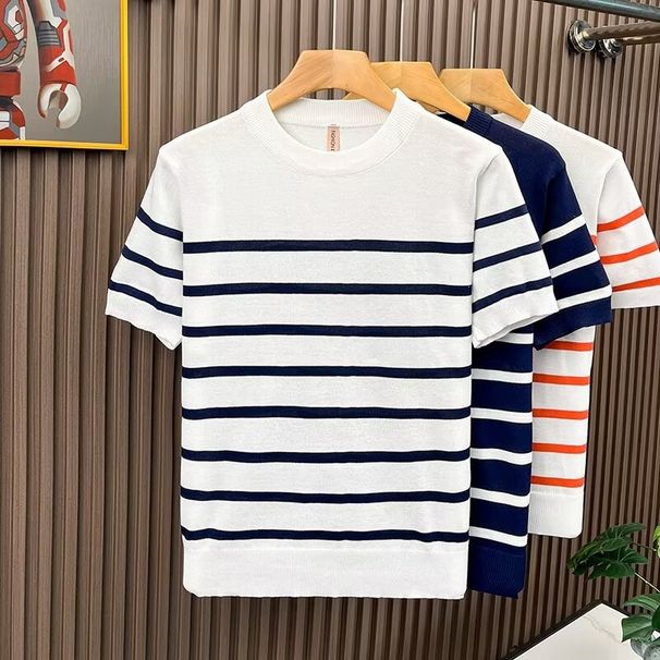 Men's Clothing Men's Striped Patchwork Round Neck Casual Sweater Summer Top Cool Sophisticated Style For Formal & Casual_viptrois.com