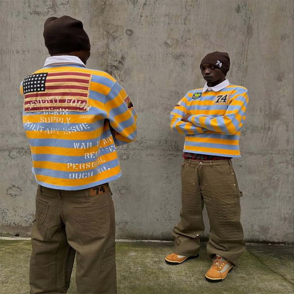 2027 Fashion Street Harajuku Hip-Hop American Retro Y2K Top Tee Women/Men Polyester Lapel Stripe Collision Color Long Sleeve Casual Loose T-Shirt_viptrois.com