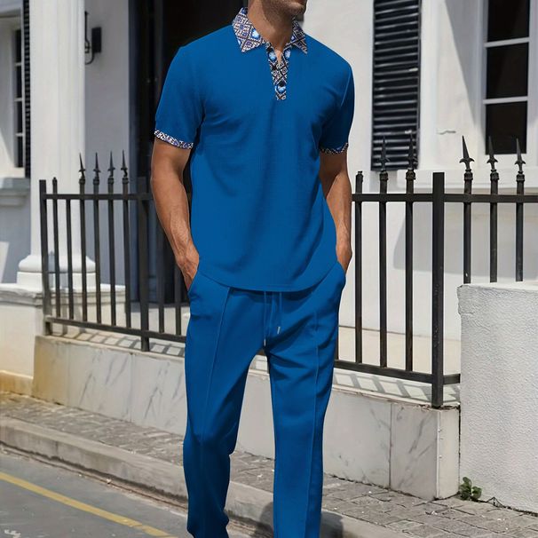 Men's Clothing New Youth Waffle Stand Collar Solid Color Zipper Short Sleeved Long Pants Suit_viptrois.com