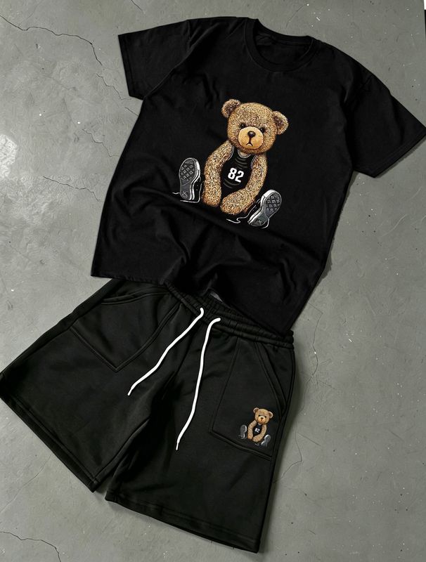 Cross Border Summer Unisex Sitting Bear Pattern Pure Cotton T Shirt + Fleece Athletic Shorts Set_viptrois.com