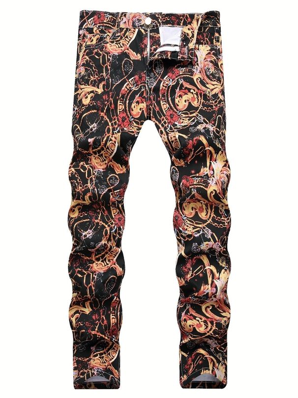 Men's Street Print Fashion Personalized Flower Pants Alternative Trend Versatile Small Foot Mid-waist Jeans for Men_viptrois.com