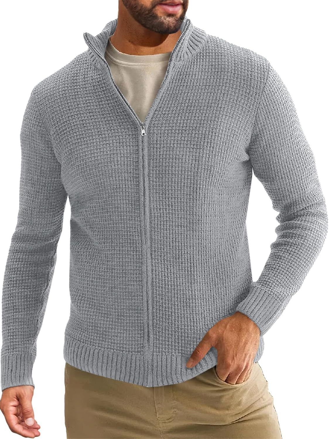 New Men's Stand Collar Zipper Cardigan Sweater Winter Casual Long Sleeve Knitted Sweater Jacket_viptrois.com