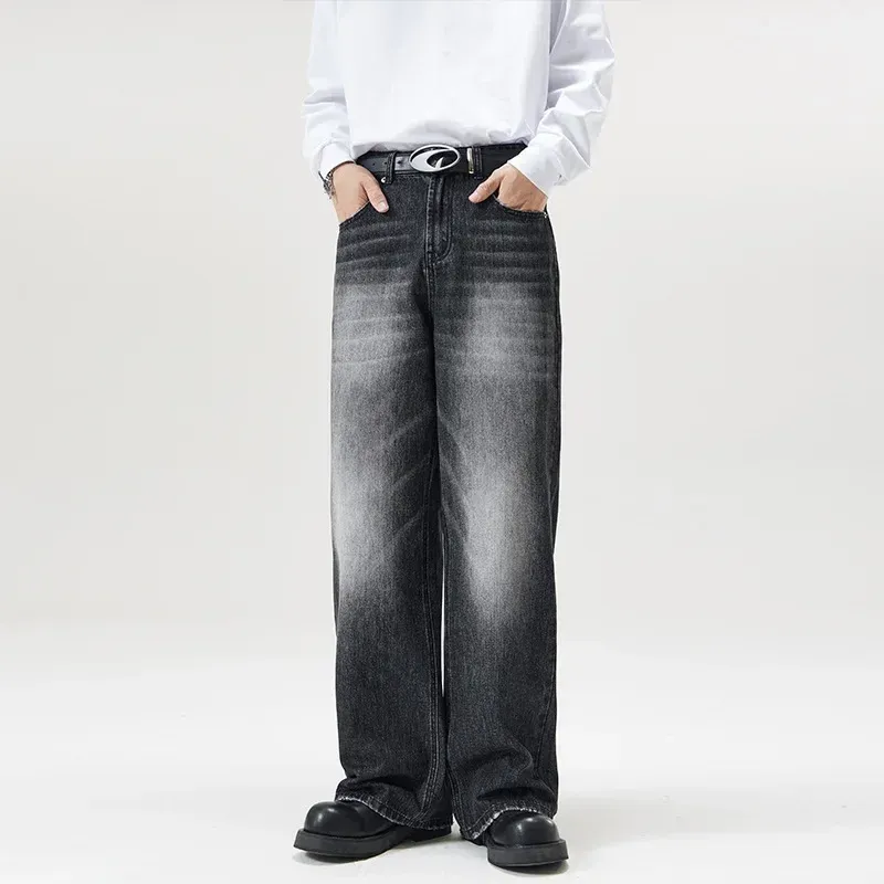 Jeans Men Wide Leg Long Pants Denim Pants Loose Casual Regular Straight Pants ONE Line Splice Button Bag Autumn Winter 2025_viptrois.com
